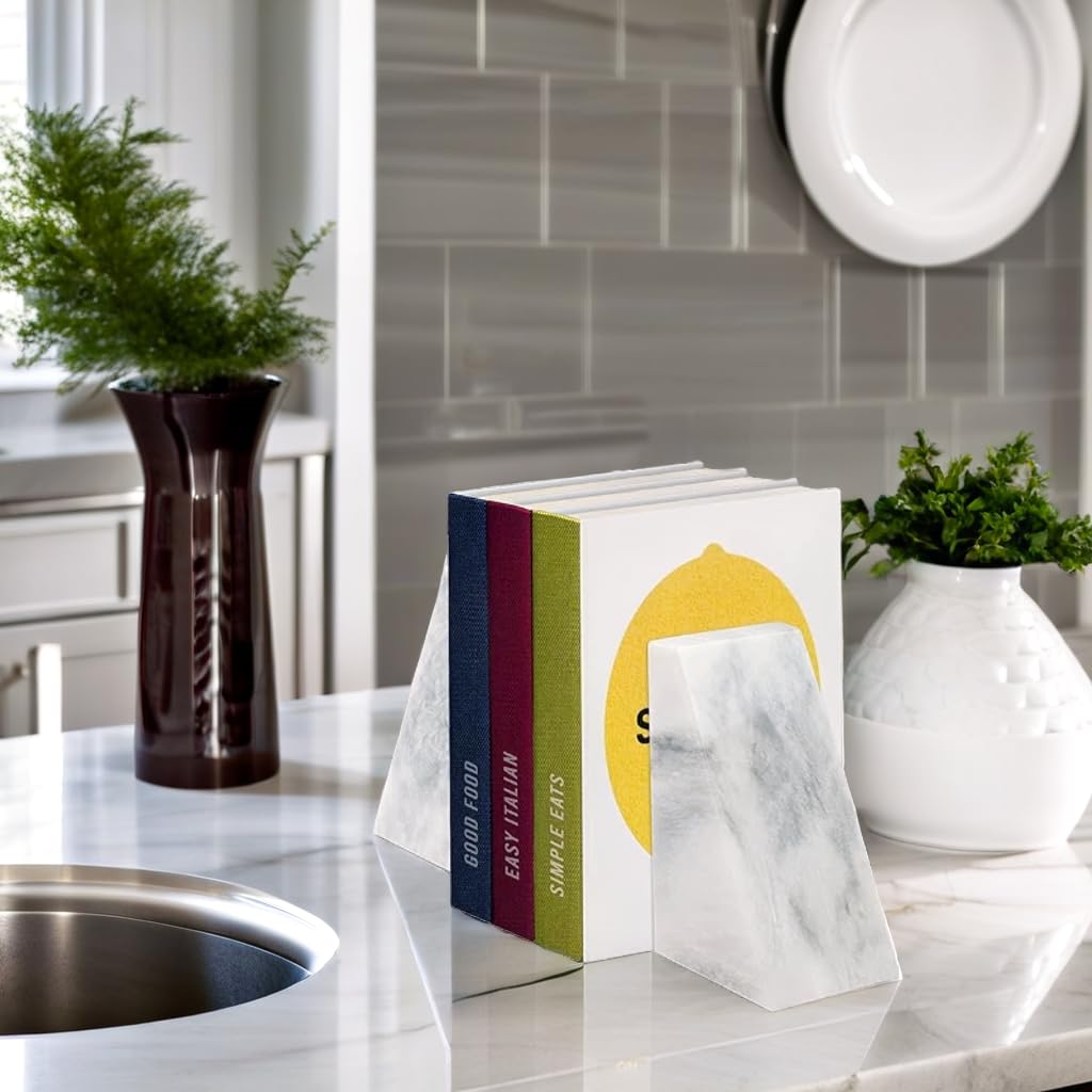 Ottimo Polished 100% Natural Marble Heavy Stone bookends for use as Bookshelf Decor, Home, Office or Kitchen Shelves. Heavy, Triangular,and Modern Decorative Book Stopper with Silicone Anti-Slip Pads White