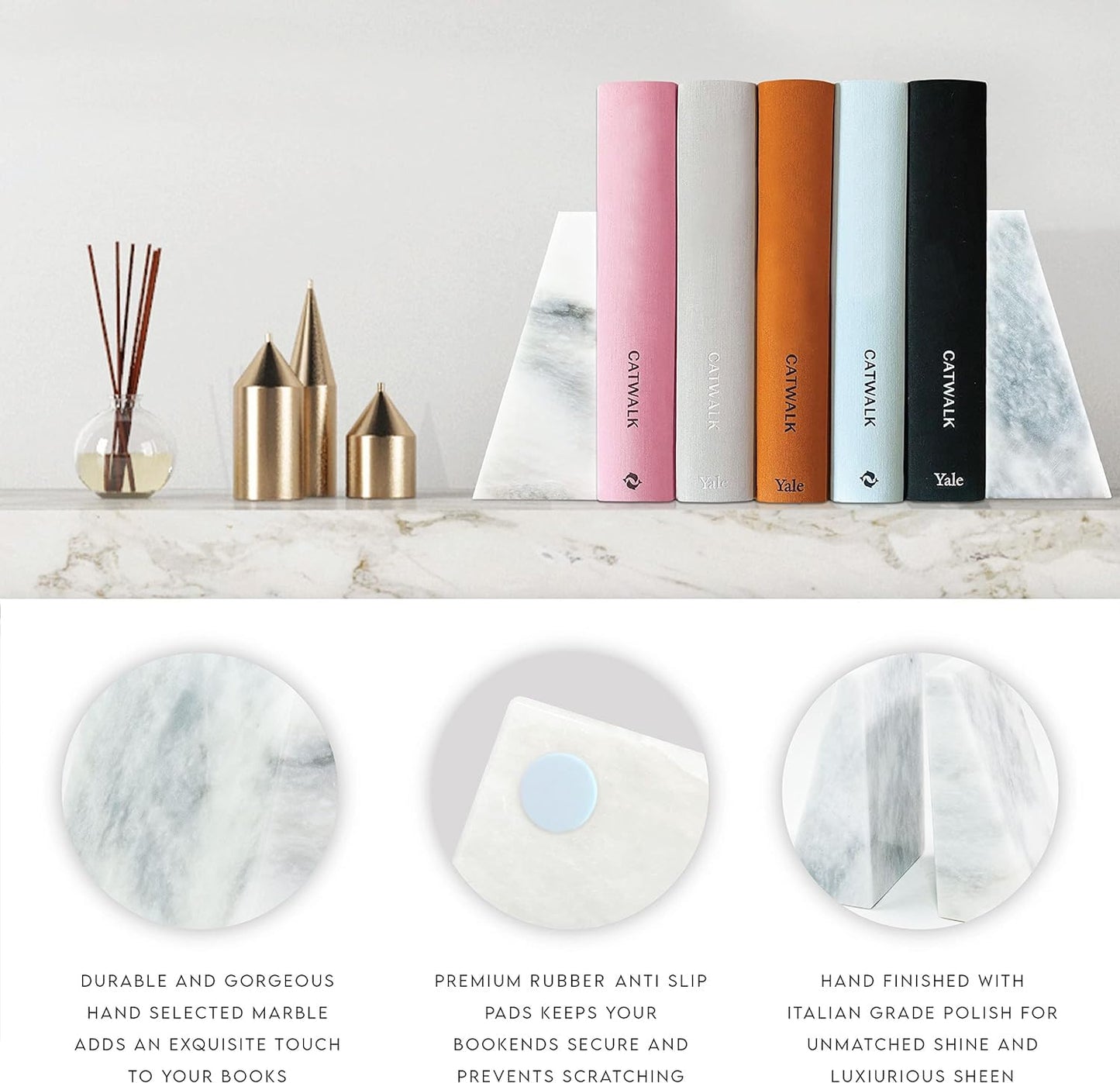 Ottimo Polished 100% Natural Marble Heavy Stone bookends for use as Bookshelf Decor, Home, Office or Kitchen Shelves. Heavy, Triangular,and Modern Decorative Book Stopper with Silicone Anti-Slip Pads White