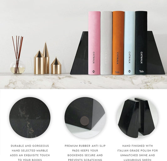 Ottimo Polished 100% Natural Marble Heavy Stone bookends for use as Bookshelf Decor, Home, Office or Kitchen Shelves. Heavy, Triangular,and Modern Decorative Book Stopper with Silicone Anti-Slip Pads Black