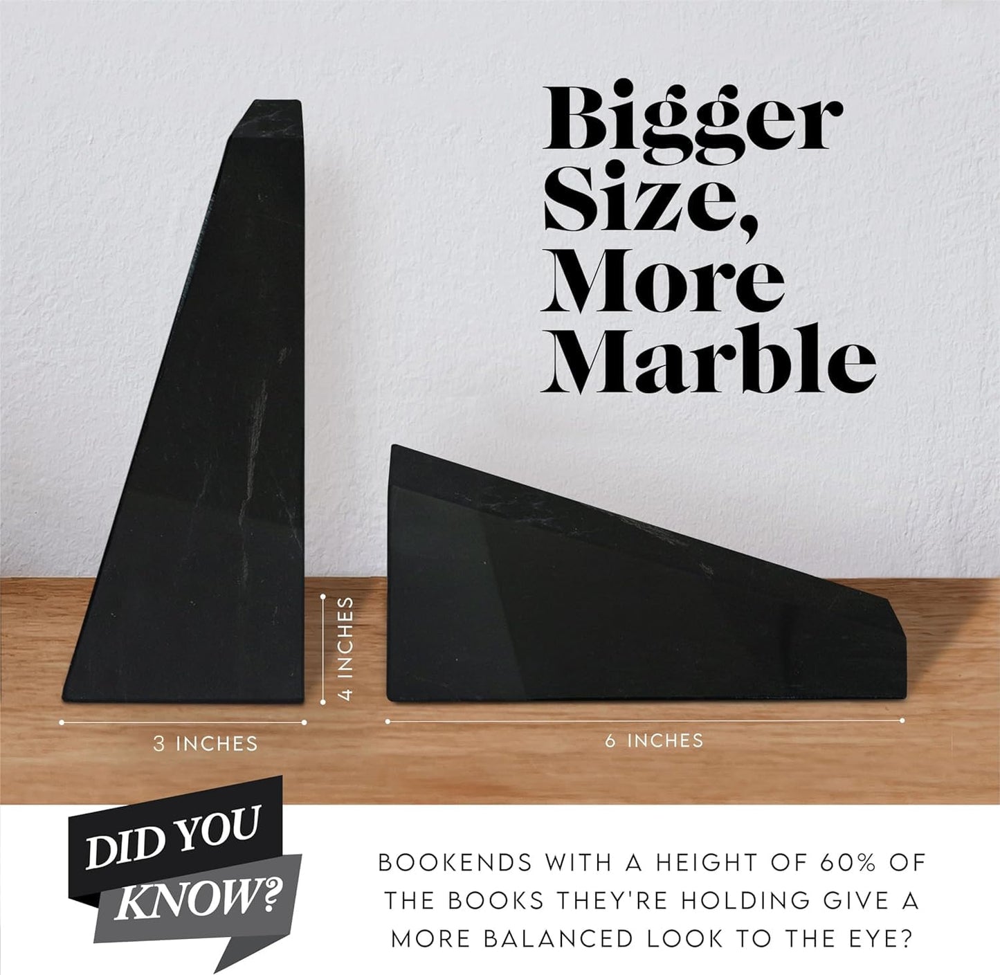 Ottimo Polished 100% Natural Marble Heavy Stone bookends for use as Bookshelf Decor, Home, Office or Kitchen Shelves. Heavy, Triangular,and Modern Decorative Book Stopper with Silicone Anti-Slip Pads Black