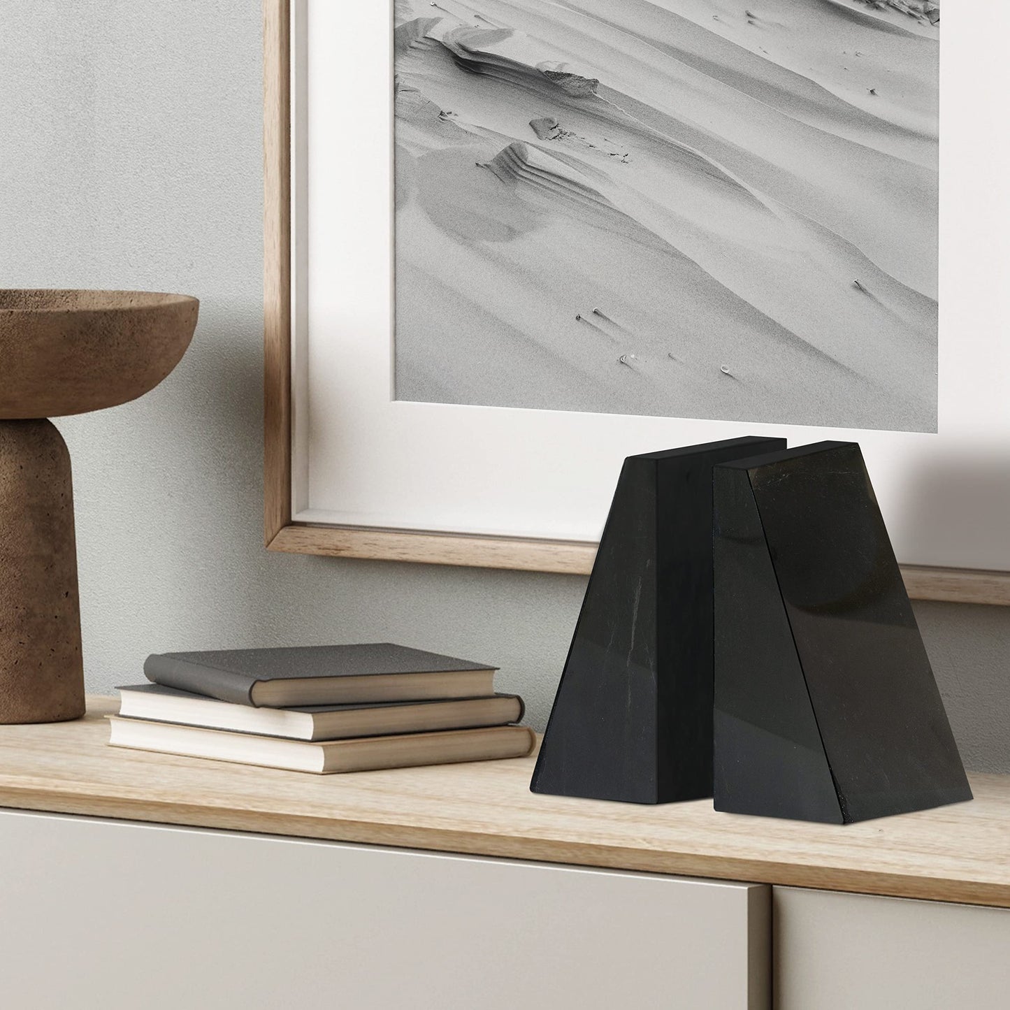 Ottimo Polished 100% Natural Marble Heavy Stone bookends for use as Bookshelf Decor, Home, Office or Kitchen Shelves. Heavy, Triangular,and Modern Decorative Book Stopper with Silicone Anti-Slip Pads Black