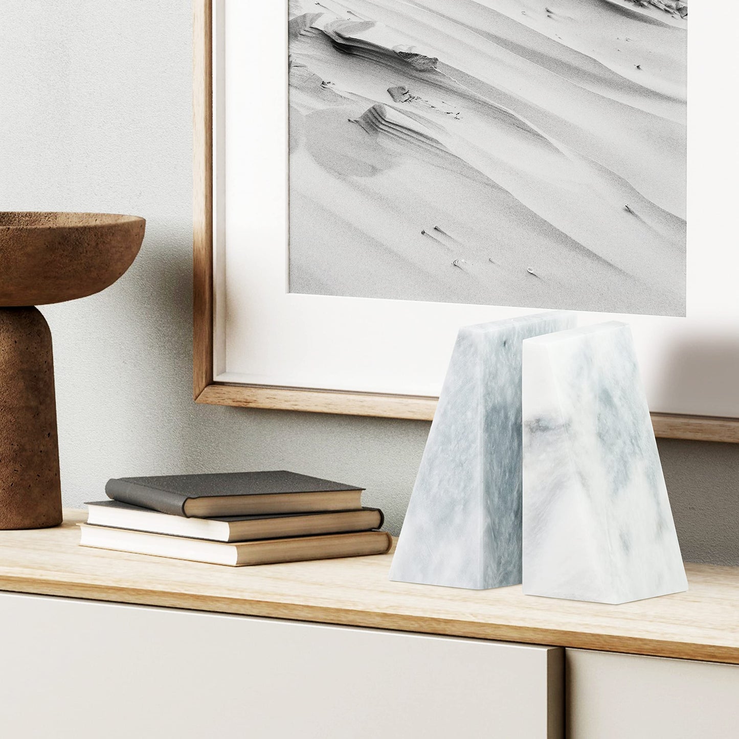 Ottimo Polished 100% Natural Marble Heavy Stone bookends for use as Bookshelf Decor, Home, Office or Kitchen Shelves. Heavy, Triangular,and Modern Decorative Book Stopper with Silicone Anti-Slip Pads White