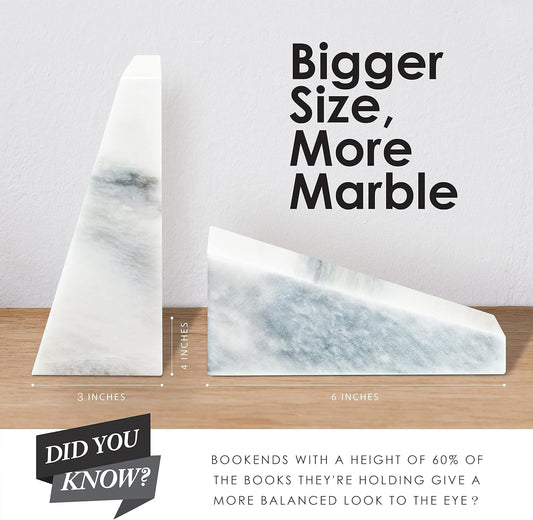 Ottimo Polished 100% Natural Marble Heavy Stone bookends for use as Bookshelf Decor, Home, Office or Kitchen Shelves. Heavy, Triangular,and Modern Decorative Book Stopper with Silicone Anti-Slip Pads White