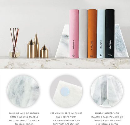 Ottimo Polished 100% Natural Marble Heavy Stone bookends for use as Bookshelf Decor, Home, Office or Kitchen Shelves. Heavy, Triangular,and Modern Decorative Book Stopper with Silicone Anti-Slip Pads White