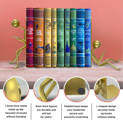 Ottimo Heavy Duty Metal Unique Office Desk Bookends for use as Bookshelf Decor, Home, Office or Kitchen Shelves. Unique, Cute and Decorative Book Stopper to Hold Books, Great Gift Idea Gold