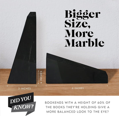 Ottimo Polished 100% Natural Marble Heavy Stone bookends for use as Bookshelf Decor, Home, Office or Kitchen Shelves. Heavy, Triangular,and Modern Decorative Book Stopper with Silicone Anti-Slip Pads Black