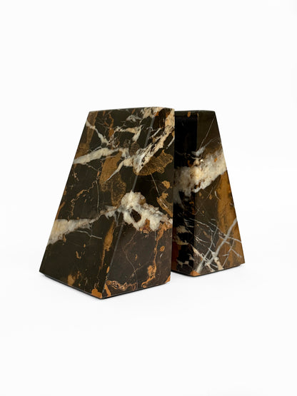 Ottimo Premium Polished Stone Marble 6" Book Ends for Bookshelf Decor, Home, Office or Kitchen Shelves. Heavy, Triangular, and Decorative Book Stopper with Anti-Slip Pads (Black Gold)