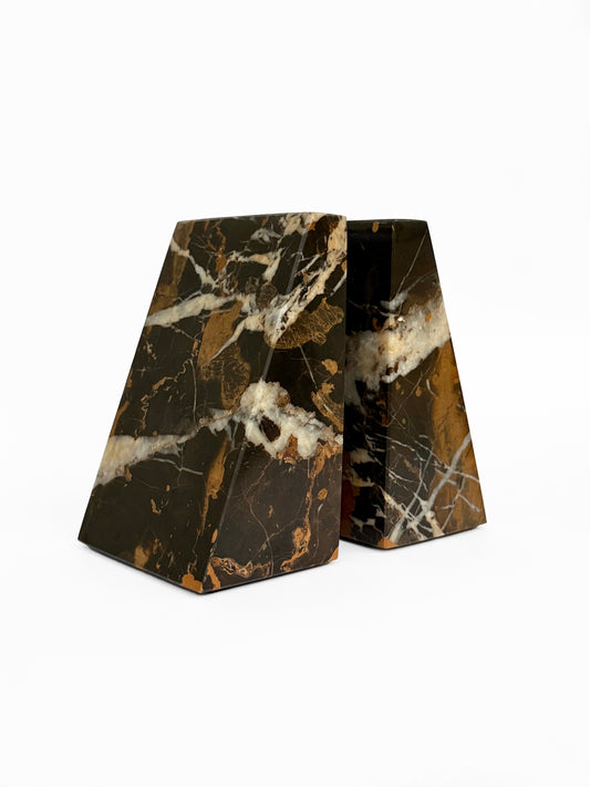 Ottimo Premium Polished Stone Marble 6" Book Ends for Bookshelf Decor, Home, Office or Kitchen Shelves. Heavy, Triangular, and Decorative Book Stopper with Anti-Slip Pads (Black Gold)