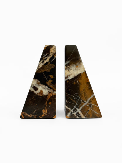 Ottimo Premium Polished Stone Marble 6" Book Ends for Bookshelf Decor, Home, Office or Kitchen Shelves. Heavy, Triangular, and Decorative Book Stopper with Anti-Slip Pads (Black Gold)