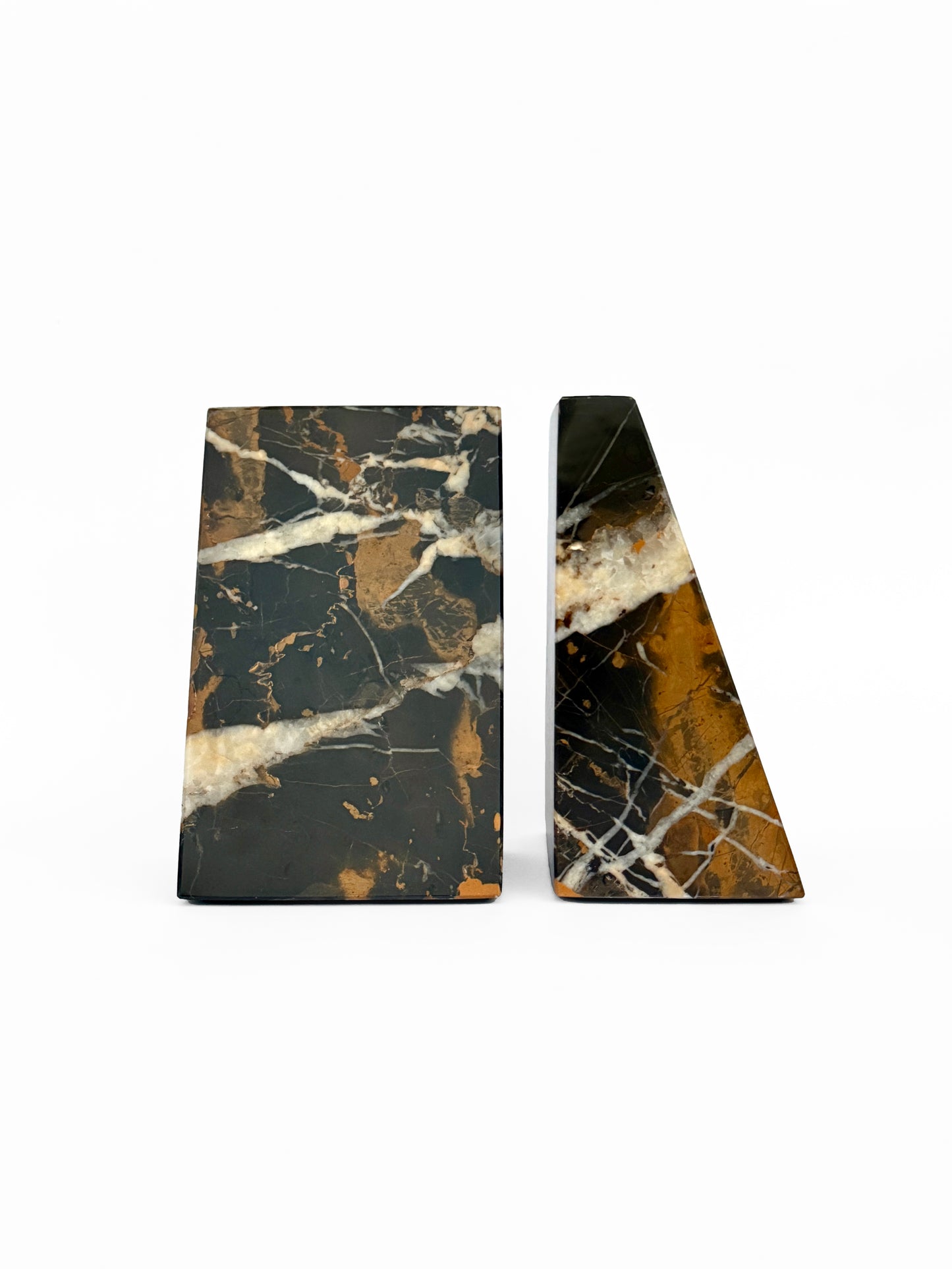 Ottimo Premium Polished Stone Marble 6" Book Ends for Bookshelf Decor, Home, Office or Kitchen Shelves. Heavy, Triangular, and Decorative Book Stopper with Anti-Slip Pads (Black Gold)