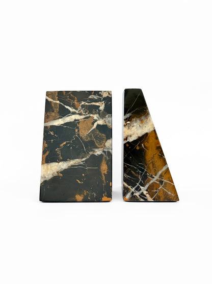 Ottimo Premium Polished Stone Marble 6" Book Ends for Bookshelf Decor, Home, Office or Kitchen Shelves. Heavy, Triangular, and Decorative Book Stopper with Anti-Slip Pads (Black Gold)